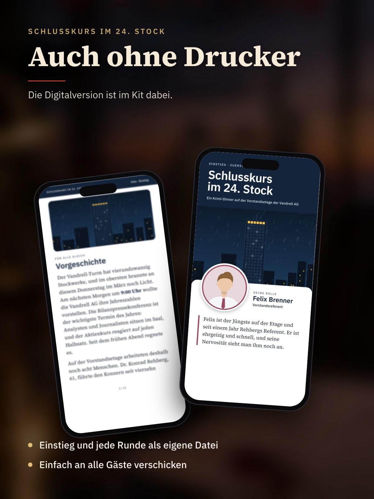 Zwei Handys zeigen den Einstieg von Helena Voss aus der Digitalversion
