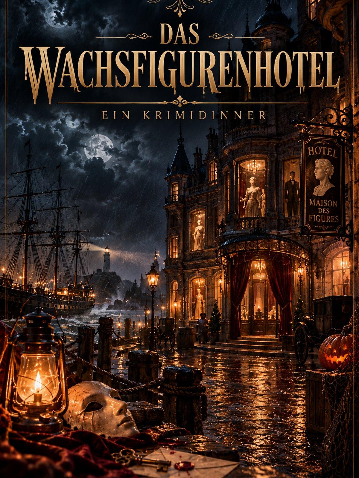 Titelbild: Das Wachsfigurenhotel, ein beleuchtetes Hotel mit Wachsfiguren in den Fenstern an einem regnerischen Hafen bei Nacht, im Vordergrund eine weiße Maske und eine Laterne