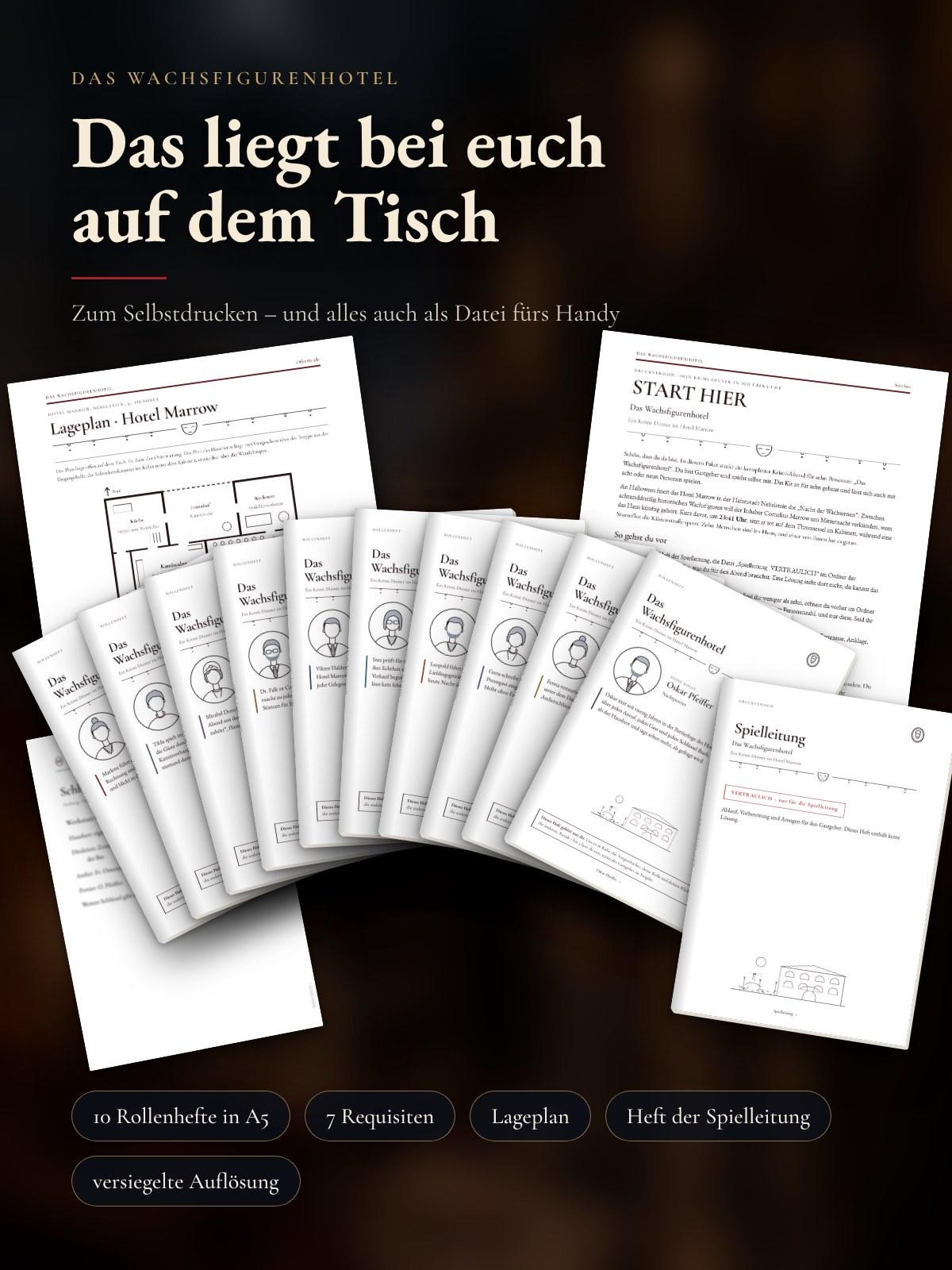 Die ausgedruckten Unterlagen: zehn Rollenhefte in A5, Lageplan des Hotels Marrow, START HIER, Heft der Spielleitung und eine Requisite