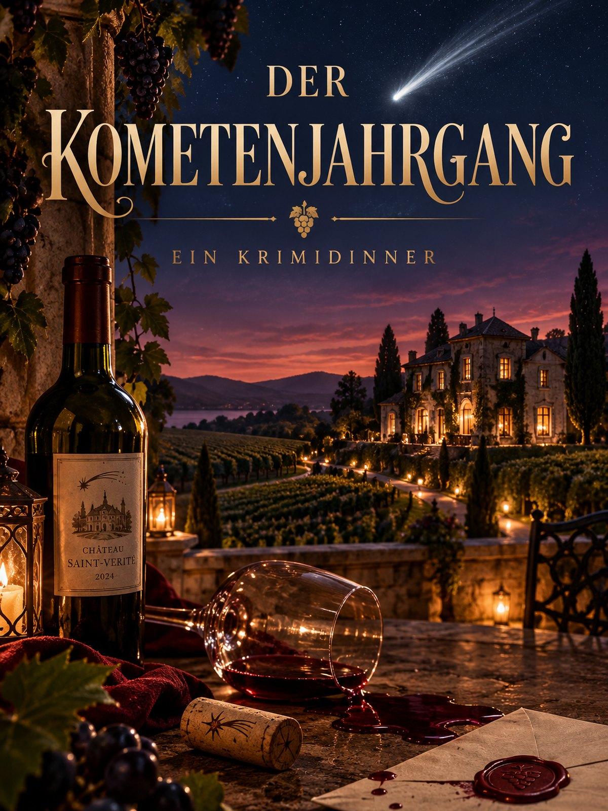 Titelbild: Der Kometenjahrgang, eine Weinflasche, ein umgestürztes Glas und ein versiegelter Brief auf einer Terrasse, dahinter ein beleuchtetes Gutshaus über Weinbergen und ein Komet am Nachthimmel