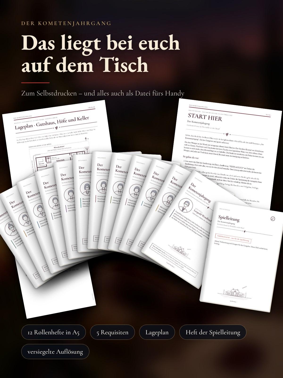 Die ausgedruckten Unterlagen: zwölf Rollenhefte in A5, Lageplan des Weinguts, START HIER, Heft der Spielleitung und eine Requisite