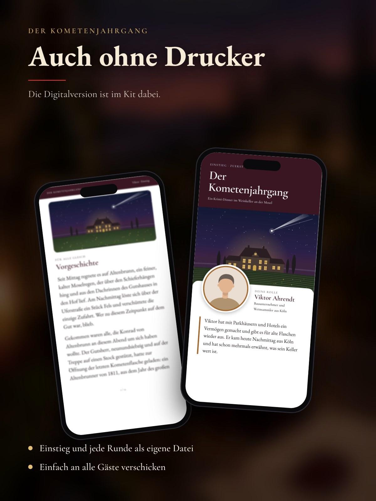 Zwei Handys zeigen den Einstieg einer Figur aus der Digitalversion
