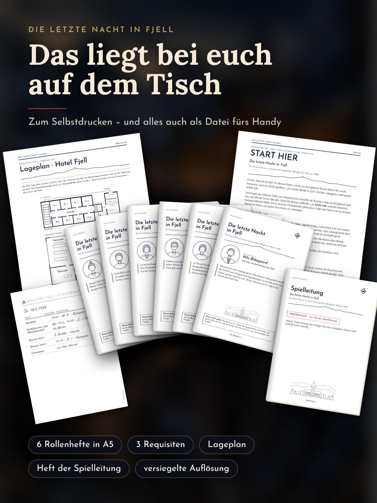 Die ausgedruckten Unterlagen auf einem Tisch: Rollenhefte in A5, Lageplan, START HIER, Heft der Spielleitung und eine Requisite