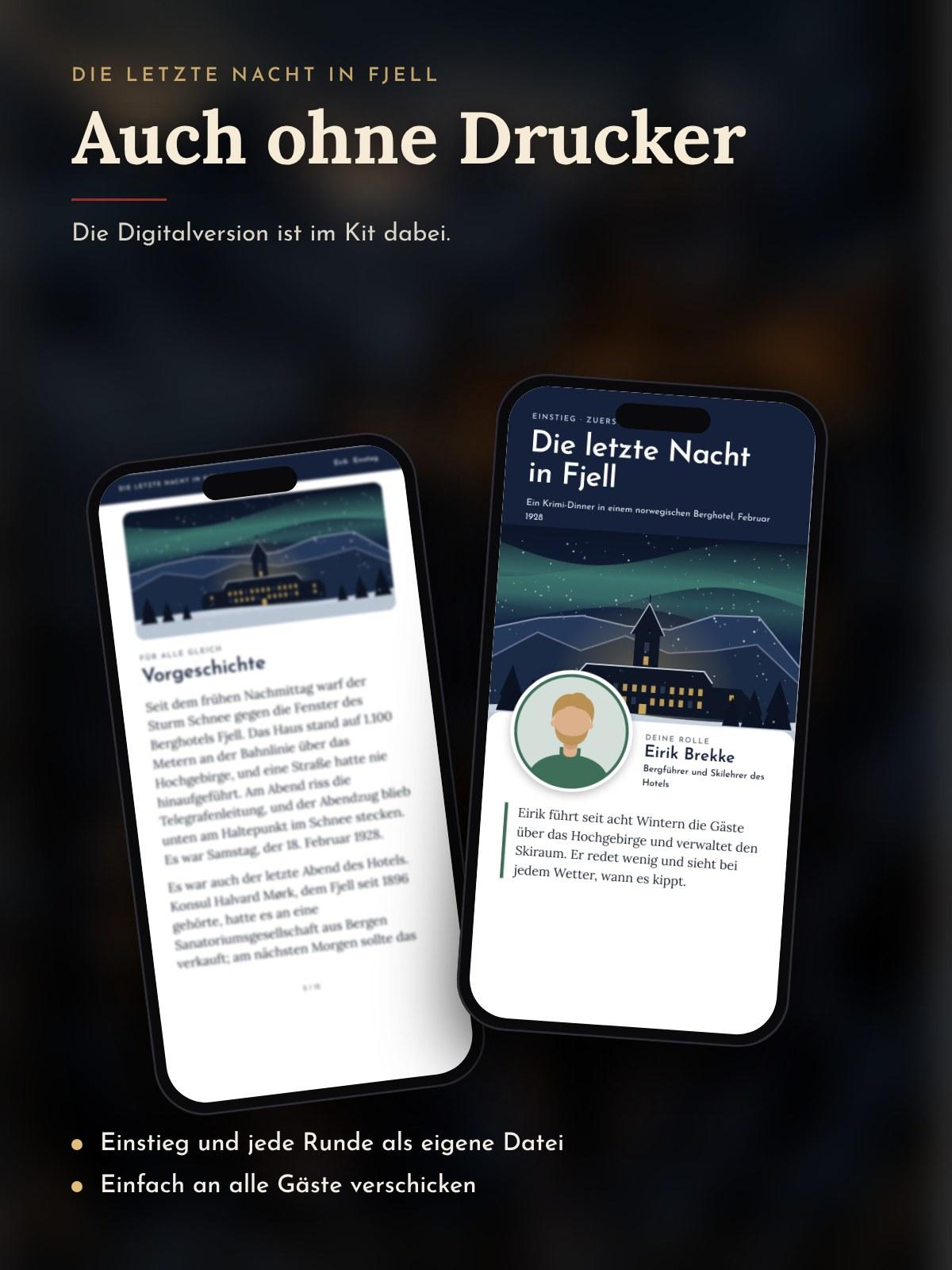Zwei Handys zeigen den Einstieg einer Figur aus der Digitalversion