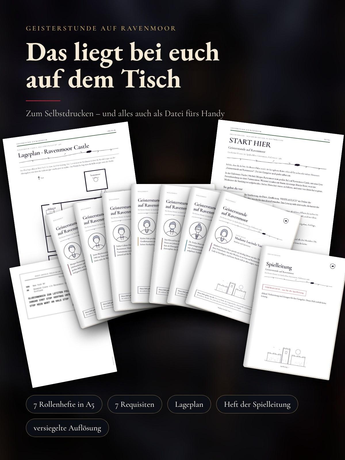 Die ausgedruckten Unterlagen: sieben Rollenhefte in A5, Lageplan von Ravenmoor Castle, START HIER, Heft der Spielleitung und eine Requisite