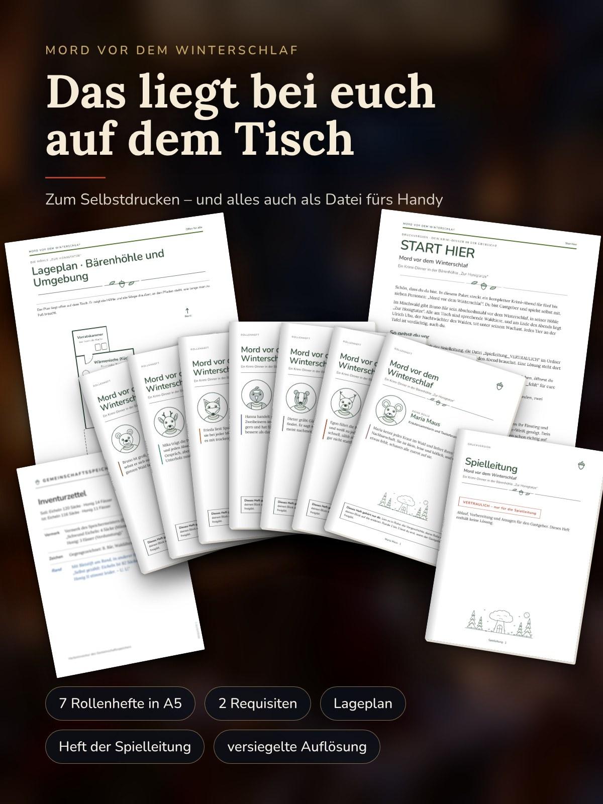 Die ausgedruckten Unterlagen: sieben Rollenhefte in A5, Lageplan der Bärenhöhle, START HIER, Heft der Spielleitung und zwei Requisiten