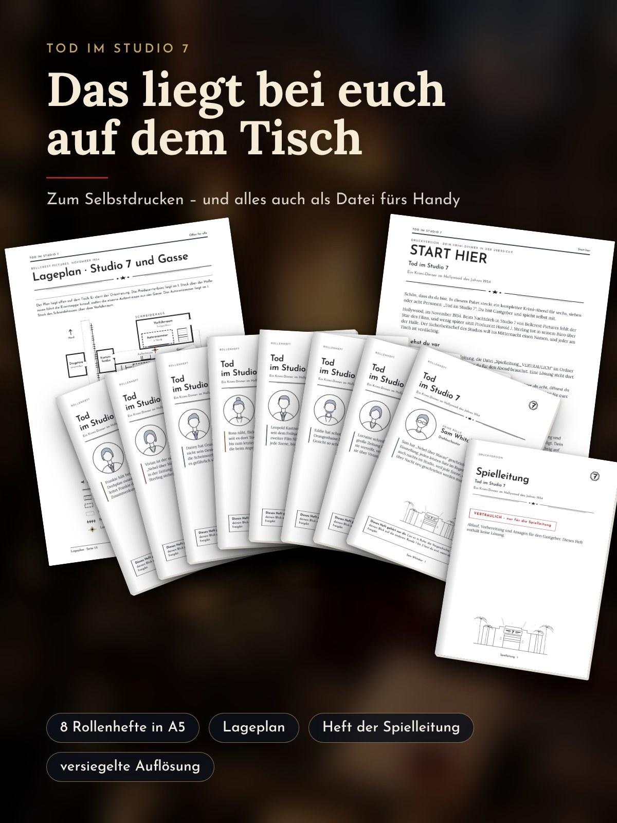 Die ausgedruckten Unterlagen auf einem Tisch: Rollenhefte in A5, Lageplan, START HIER, Heft der Spielleitung und eine Requisite