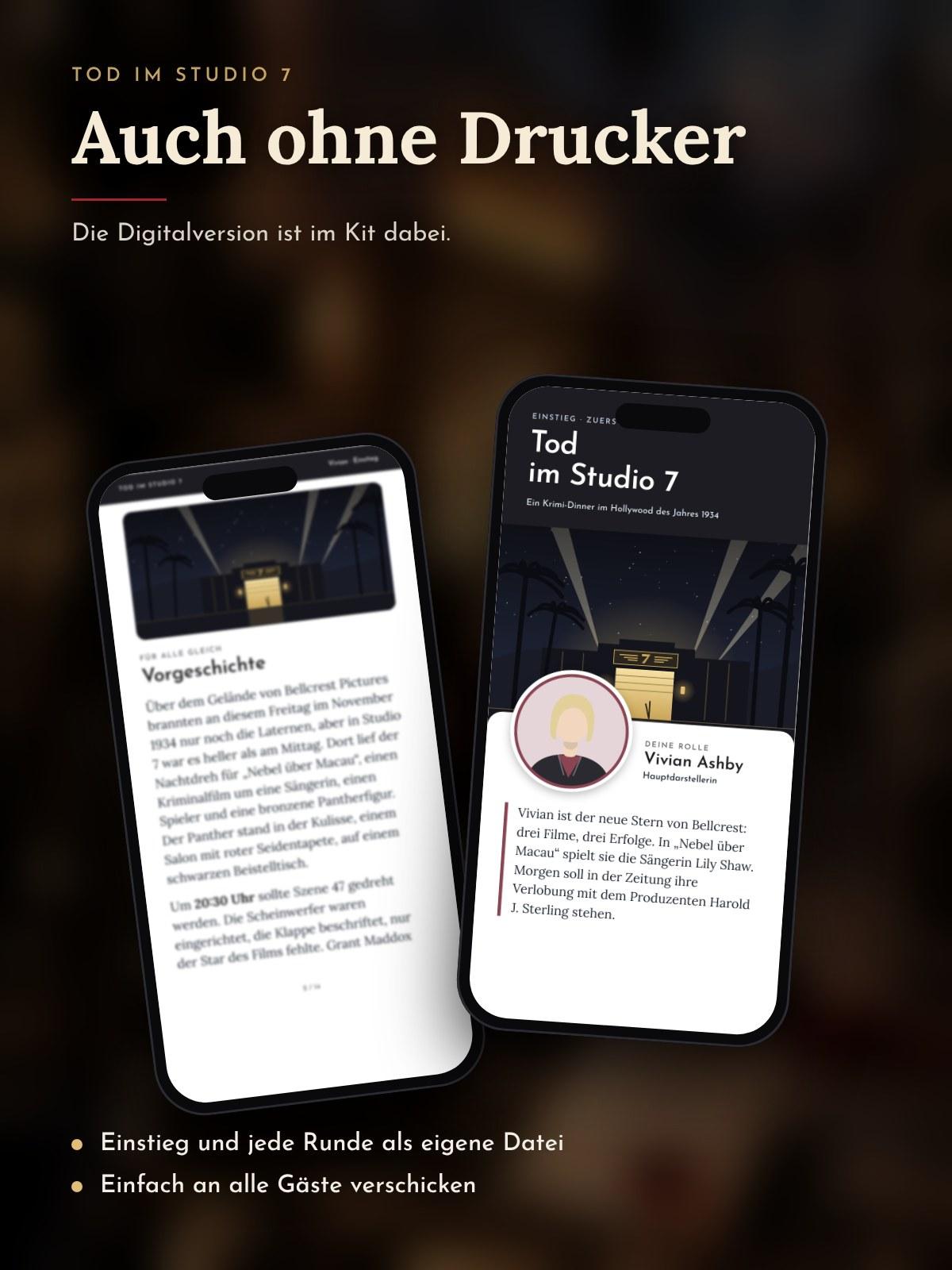 Zwei Handys zeigen den Einstieg einer Figur aus der Digitalversion